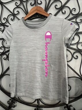 Champion Gray Tee with Pink Vertical Script Logo